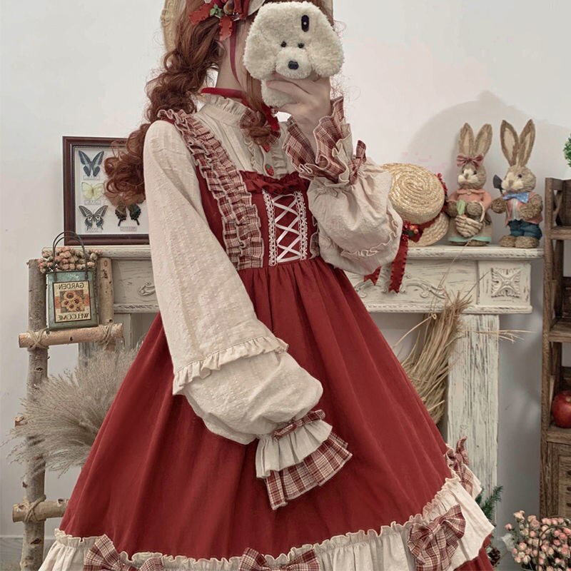 Japanse Harajuku Zoete Lolita Op Jurk Girly Leuke Berry Bos Strik Prinses Jurk Vrouwen Rode Hooded Mantel Tea Party Jurken