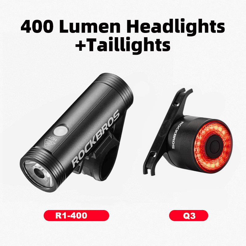 ROCKBROS-Luz LED delantera y trasera para bicicleta, faro trasero para ciclismo de montaña, con USB, 400/800/1000LM: R1-400 Q3