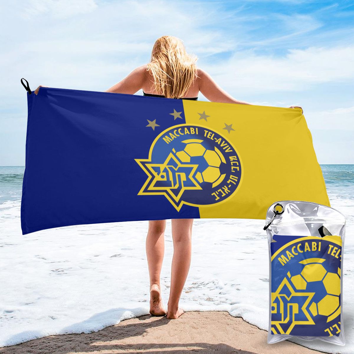 Izrael Maccabi Tel Aviv Fc szybkoschnący ręcznik kąpielowy ręcznik plażowy może być używany do Camping Fitness, szybkoschnący składany saszetka na pasek: 6 / 140cmx70cm