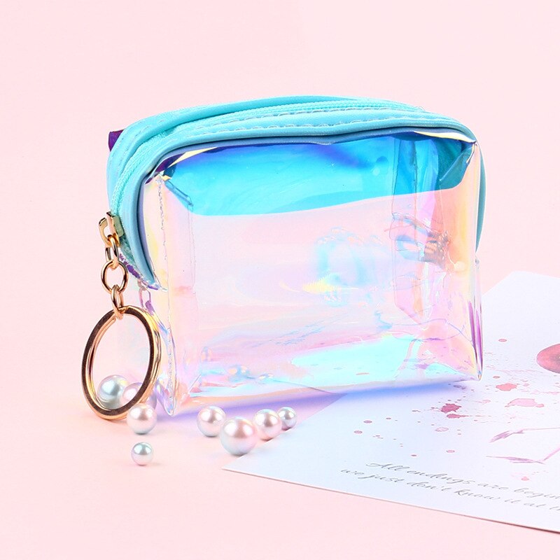 FUDEAM, monedero transparente de PVC con cremallera para mujer, Mini llavero adorable para niñas, cuadrada, monedero, bolsa para auriculares con Cable USB: Blue