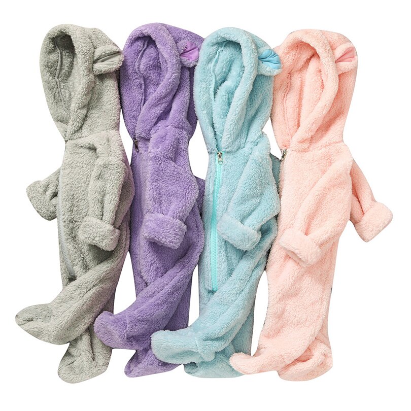 Pasgeborenen Hooded Oren Footies Baby Jongen Meisje Solid Winter Fleece Warm Lange Mouwen Jumpsuit Rits Uitloper Baby Kleding 0-18M A20
