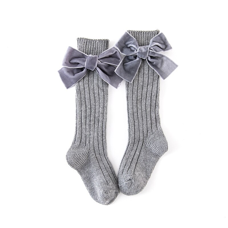 1-8y Kids Baby Kniehoge Sokken Meisjes Voor Kinderen Prinses Stijl Zware Gebreide Waggel Katoen Lange Sokken Met Fluwelen Bows: middle grey / 0-2y