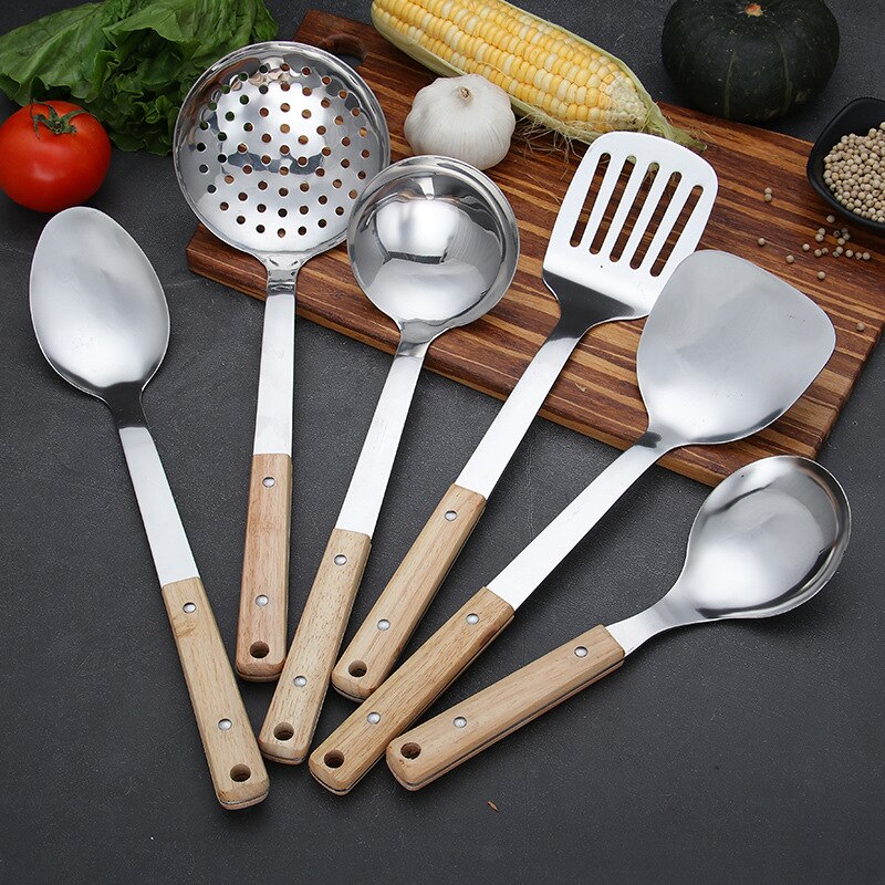 Stainless steel kitchenware set solid wood handle spatula frying shovel spoon kitchen tool cooking cookware sets