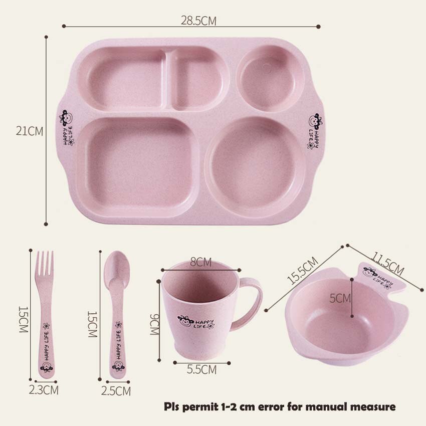 5Pcs Child Tableware Wheat Straw Sange Snack Tray with Spoon Fork Cup Skid Platter Tableware Baby Eating Supplies Beautiful Tray