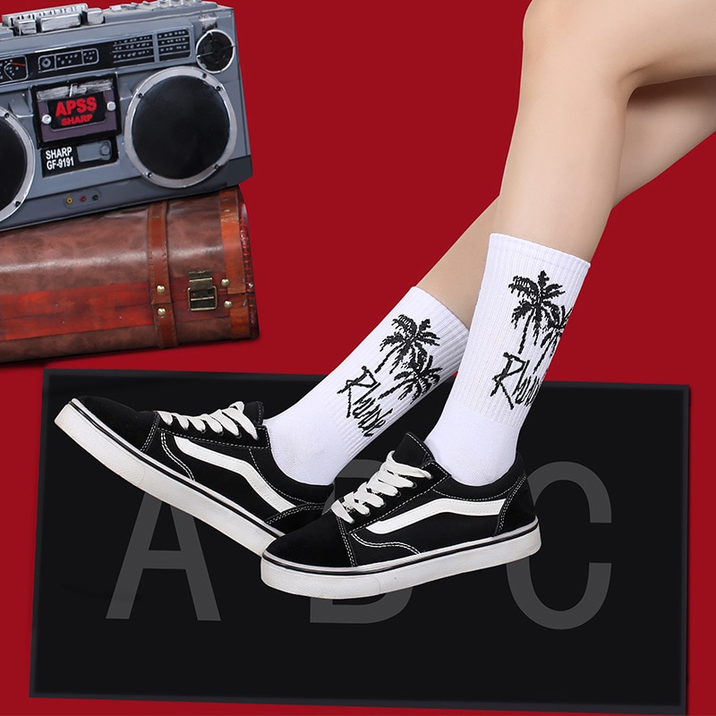 Men Socks Novelty Male Rhode Coconut Trees White Black Sports Stockings Letter Cotton Socks Ordinary Cool Sheer Socks