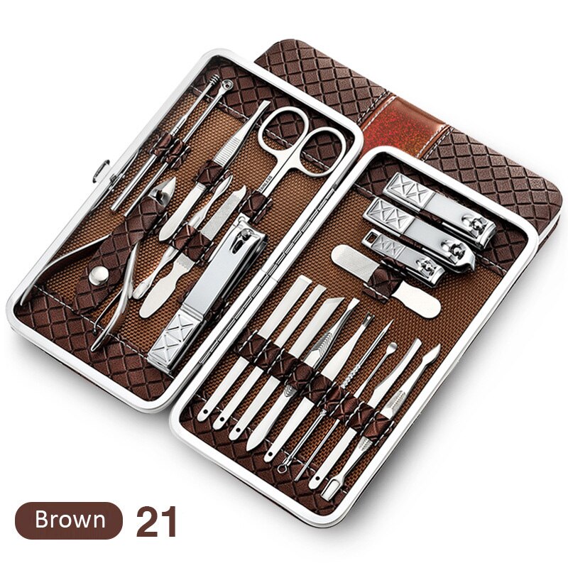 18/21 stuks roestvrijstalen manicureset, nagelknipperset, pedicureverzorgingsgereedschap, verzorgingsgereedschap met pu-leren etui: 21 stuks - bruin
