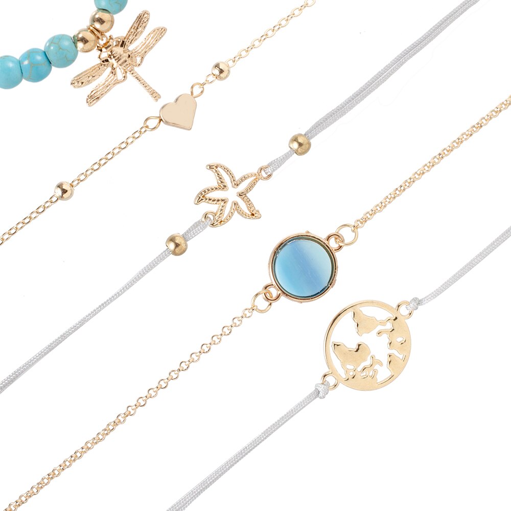 Sindlan-Pulseras de cuentas de piedra Natural azul para mujer, 5 uds., amuleto tejido, mapa del mundo con cuerda gris, joyería Bohemia para muñeca