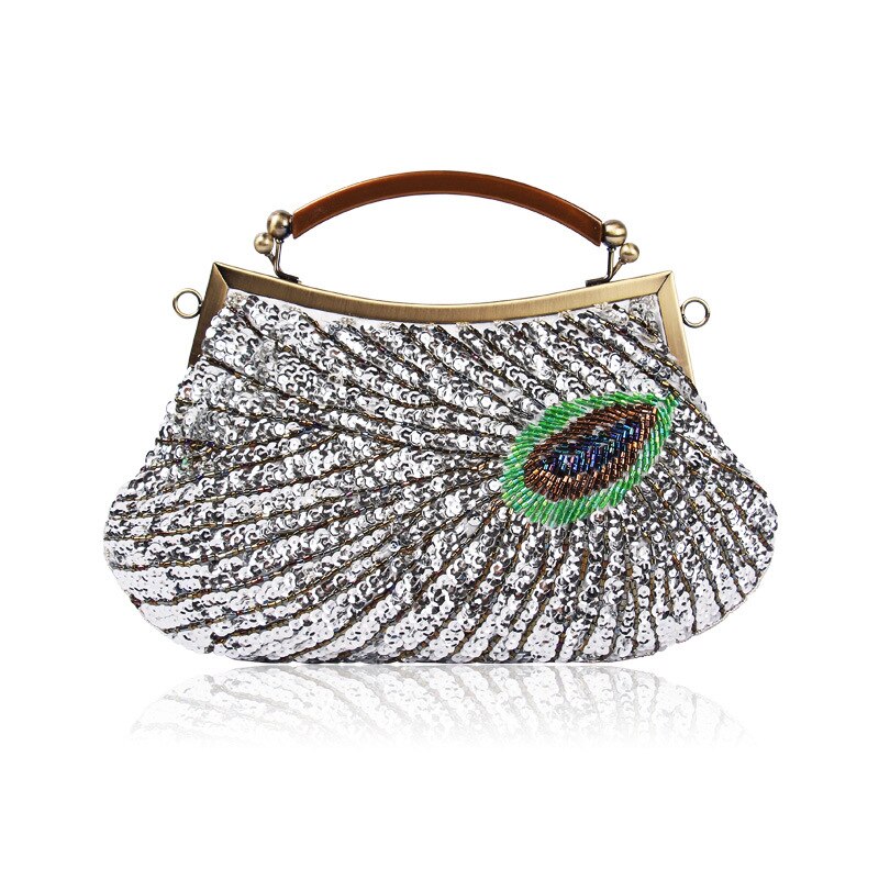 Vintage bolsa de embreagem feminina sacos de noite verde pavão padrão lantejoulas frisado nupcial bolsa bolsa de luxo mini bolsa: SILVER