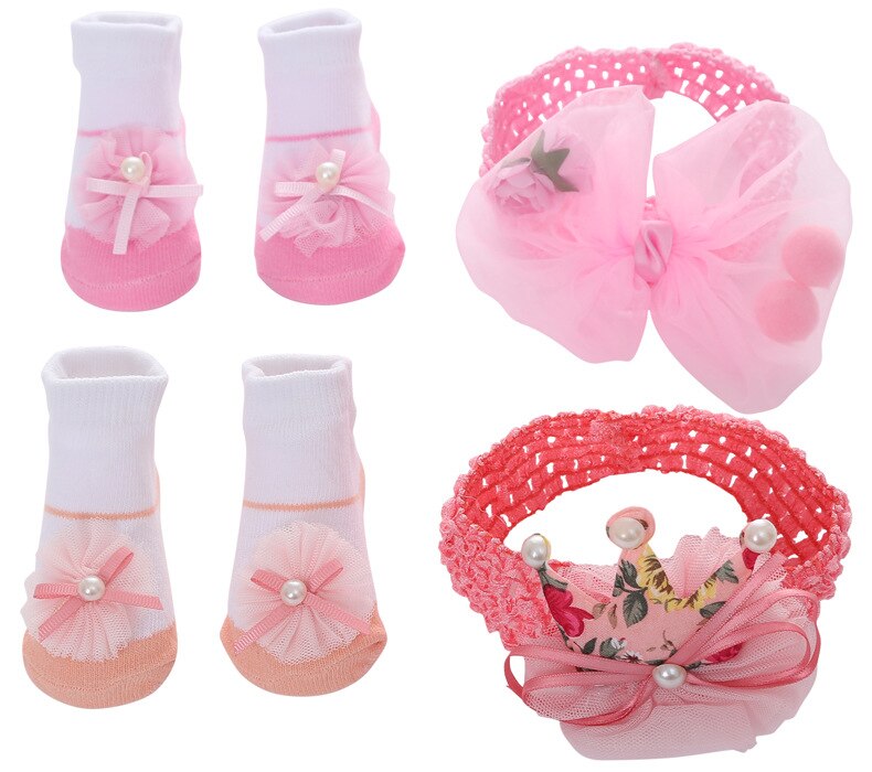 Belle bébé filles paillettes étoile gaze fleur décoré anti-dérapant coton cheville chaussettes avec élastique bandeau ensemble