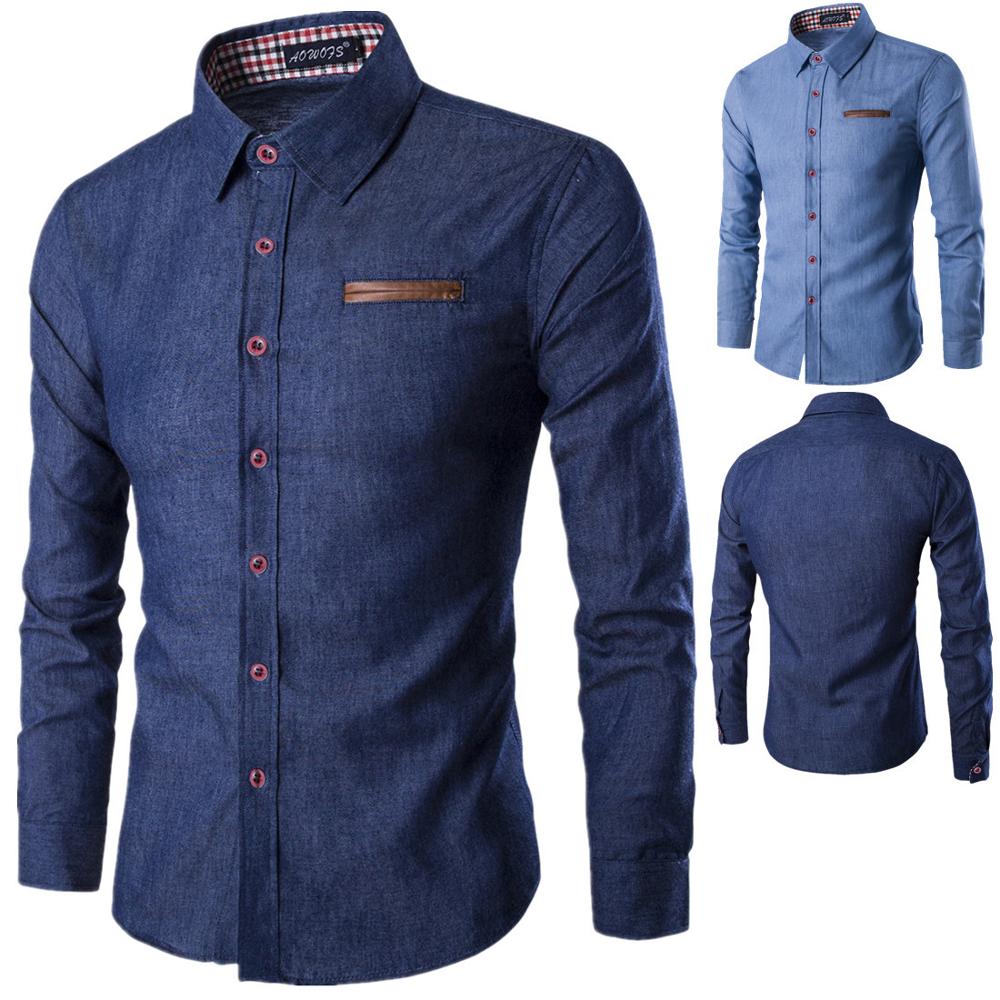 Läder långärmad jeansskjorta män långärmad skjorta fritidsskjortor män button up skjorta män klänning herrskjortor höst