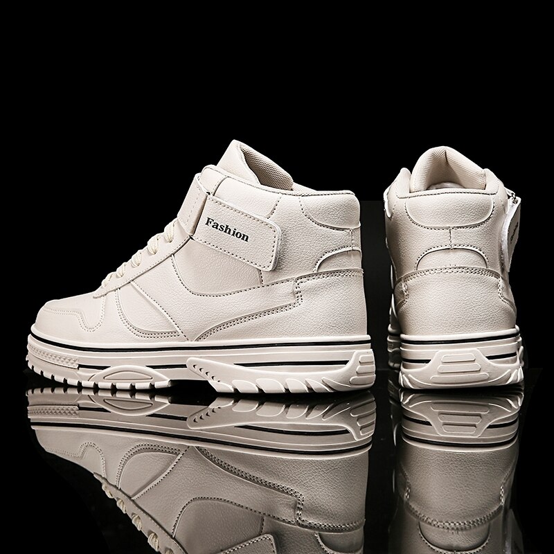 Winter Men's Leather High Cut Casual Shoes White Beige Ankle Boots Man