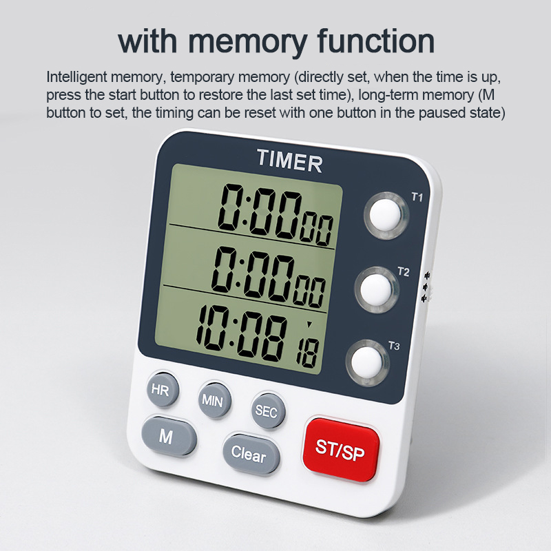 Digital Kitchen Timer 3 Channels Count UP/Down Timer 3 Levels Volume Alarm Clock LCD Display Mute Flashing Timer for Studying