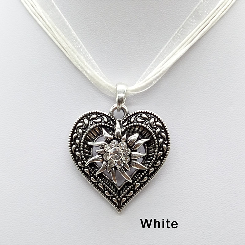 Vintage Carved Heart Edelweiss Flower Pendant Necklace Oktoberfest Beer Maid Costume Necklace Jewelry: white