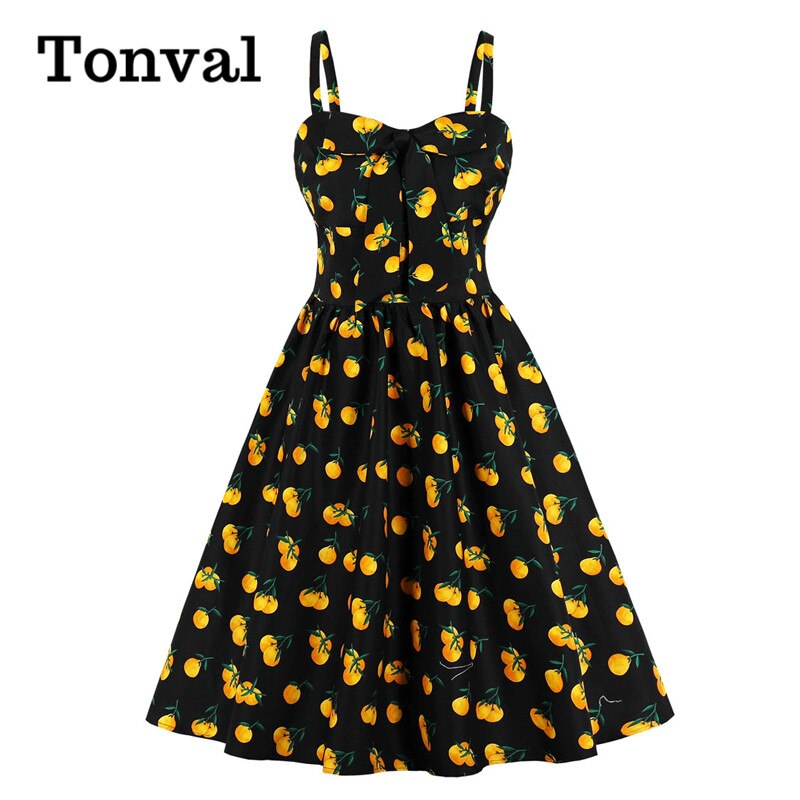 Tonval flerfarvet print sløjfe foran 50s vintage højtaljede plisserede kjoler til kvinder spaghetti rem fest pinup kjole