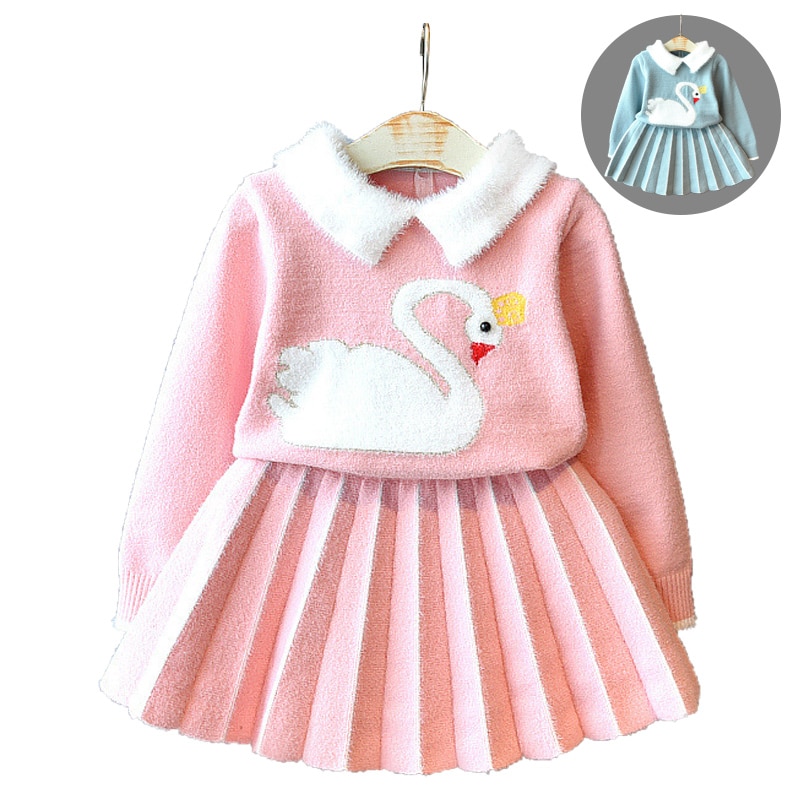 Baby meisje kleding kristal fluwelen cartoon zwaan trui trui tweedelige dikke warme trui rok baby buitenlandse trui set