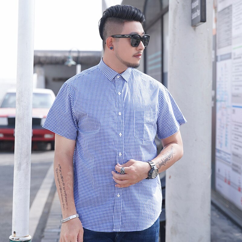 10XL big size Summer Men's leisure boutique cotton short sleeve shirt lattice Male lapel embroidery casual shirts