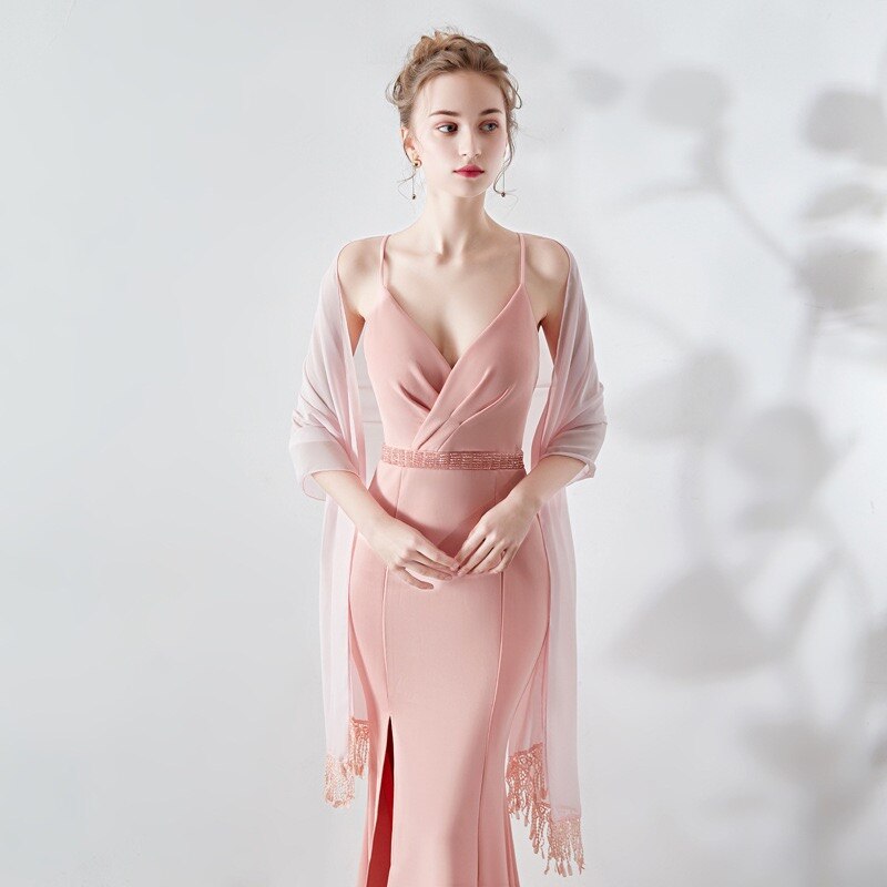 Longue mousseline de soie étole dentelle Appliques perlées robes de soirée châles de mariage enveloppes avec gland Capes de mariée fête
