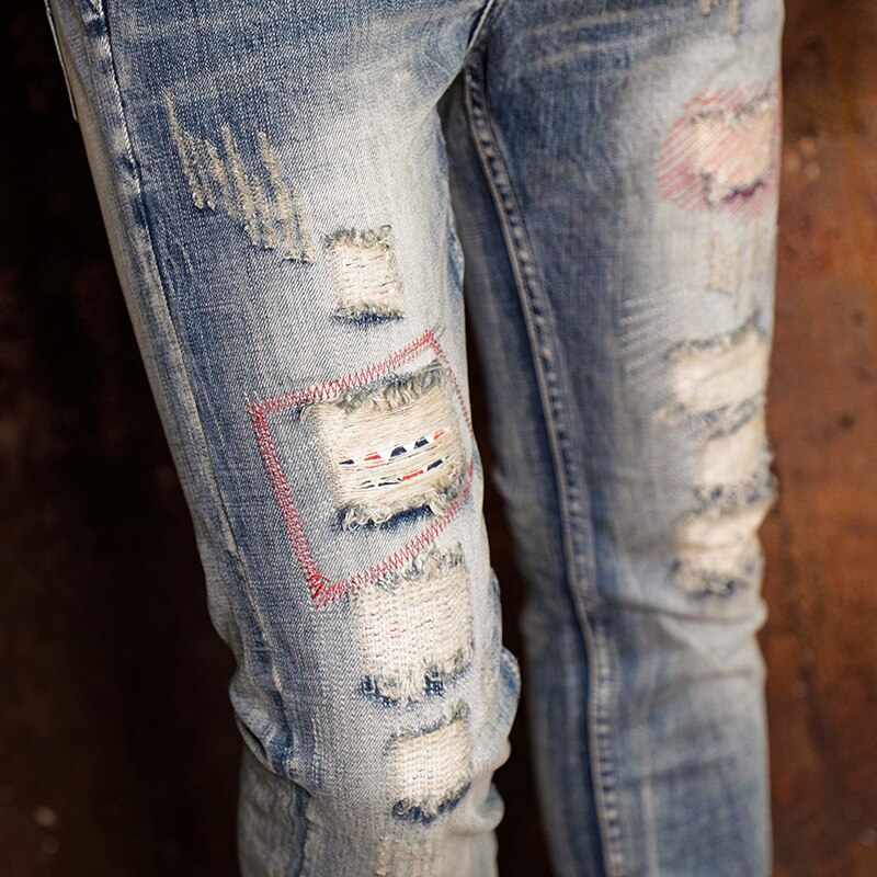 Amerikaanse Streetwear Mode Mannen Jeans Retro Gewassen Slim Fit Vernietigd Ripped Jeans Patches Denim Broek Hip Hop Jeans