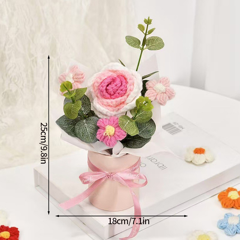 Flores de crochê abraçando balde buquê de flores artificiais mão tecido puff flores professores presentes de casamento dos namorados decoração de casa: Preto