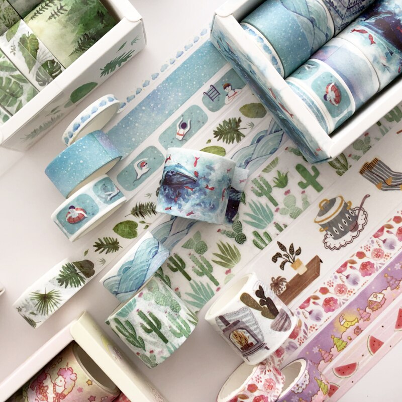 Washi Tape de papel verde, 8 Uds., Cactus azul, fruta, rosa, flamenco, cintas adhesivas, F348