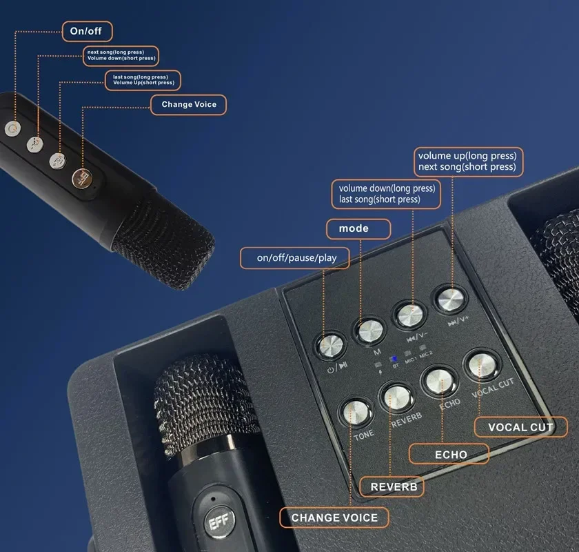 Bärbar bluetooth-högtalare med bas, hi-fi-ljud, trådlös mikrofon för karaoke-hemmafest