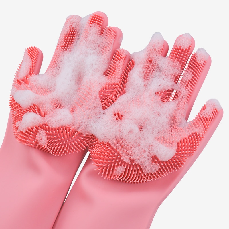 Guantes mágicos de silicona con estropajo para lavado de platos, manoplas de goma, resistentes al calor, para el hogar y la cocina, 1 par