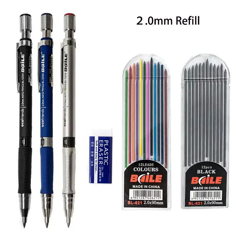 2,0 mm Druckbleistift-Set 2B, automatische Bleistifte mit farbigen/schwarzen Minenminen für Entwurfszeichnungen, Schreiben, Basteln, Kunstskizzen