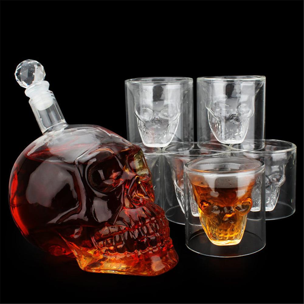 1 Set Glass Skull Head Cup Vodka Whiskey Wine Tea Drinking Bottle Decanter 1 Bottle with 6 Cup Set: A-550ML-6X75ml cup