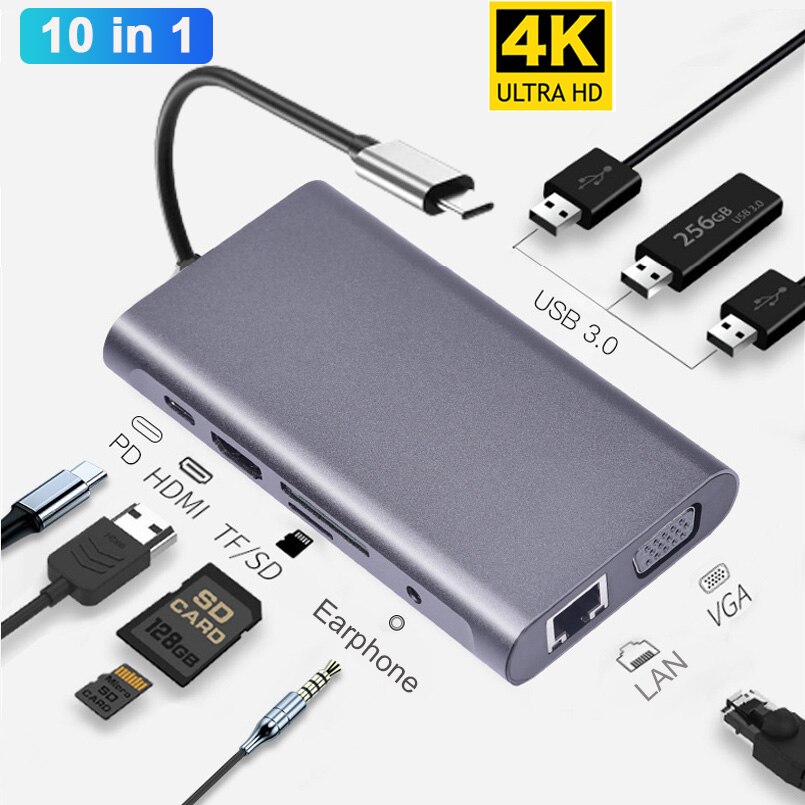 USB Typ C Hub Typ-C Zu HDMI 4K VGA Adapter RJ45 Lan Ethernet SD TF USB-C 3,0 Rollenmaschinenlinie Typc 3,5mm Jack Audio- Video für MacBook Profi OTG: 10 in 1