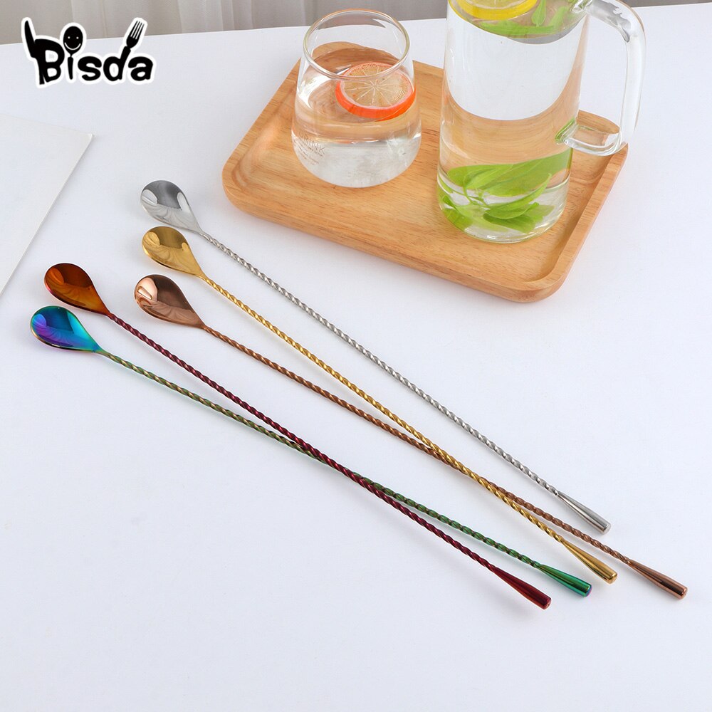 5Pcs Stainless Steel Bar Spoon Cocktail Swizzle Sticks Long Handle Mixing Spoon Teadrop Stirrer Muddlers Bartender Bar Tool 40cm