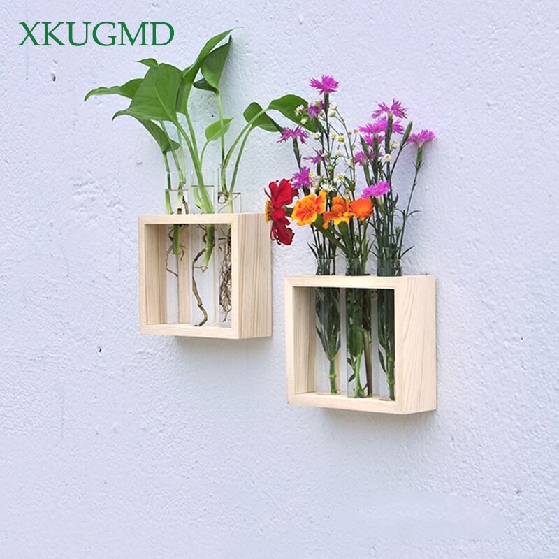 Vegghengende krystall glass reagensrør vase i tre stativ for blomster planter hjem hage kafé bar skrivebord dekorasjon blomsterpotte
