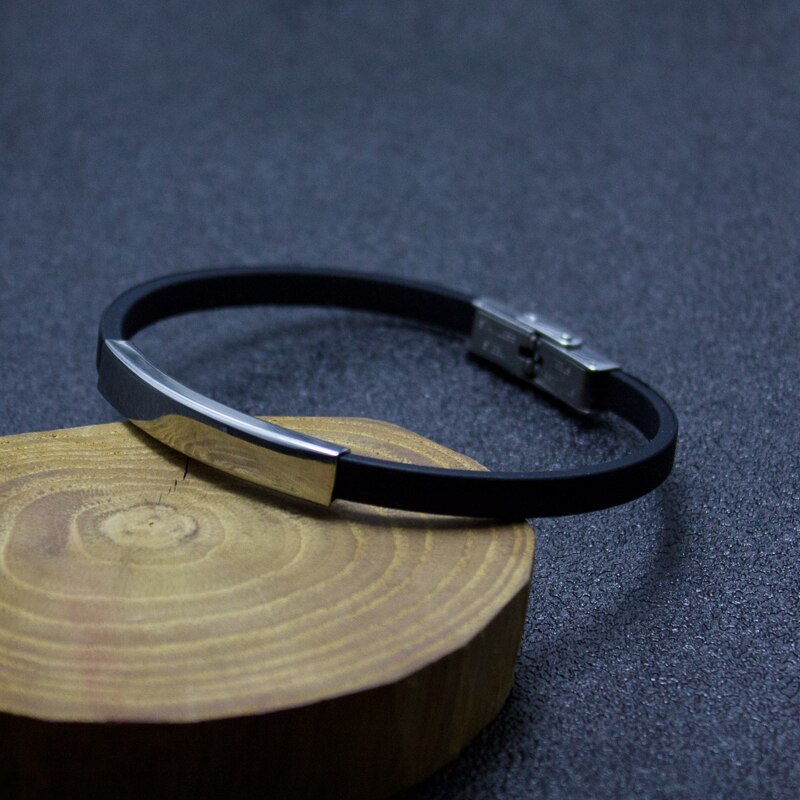 Casual Vintage Handmade Black Rubber Bracelet Silver Color Stainless Steel Bar Silicone Men&#39;s Hand Strap