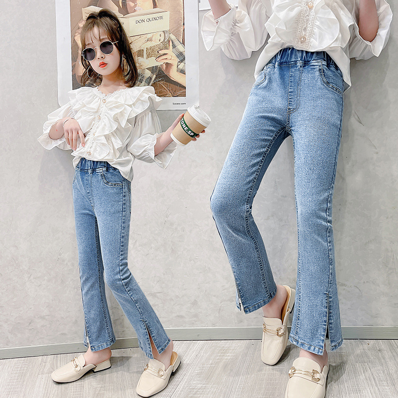 Spring Summer Girls Jeans Kids Denim Trousers for Girls Skinny Stretch Jeans Children Bottom Small Slit Flared Pants
