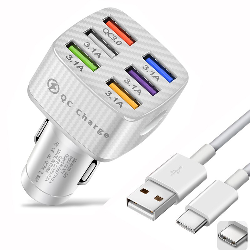 Neueste kfz-usb-ladebuchse mit 6 anschlüssen 75w qc 3.0 schnellladefunktion für xiaomi 12 pro, samsung, iphone 13 pro max 11 12: Weiß und kabel