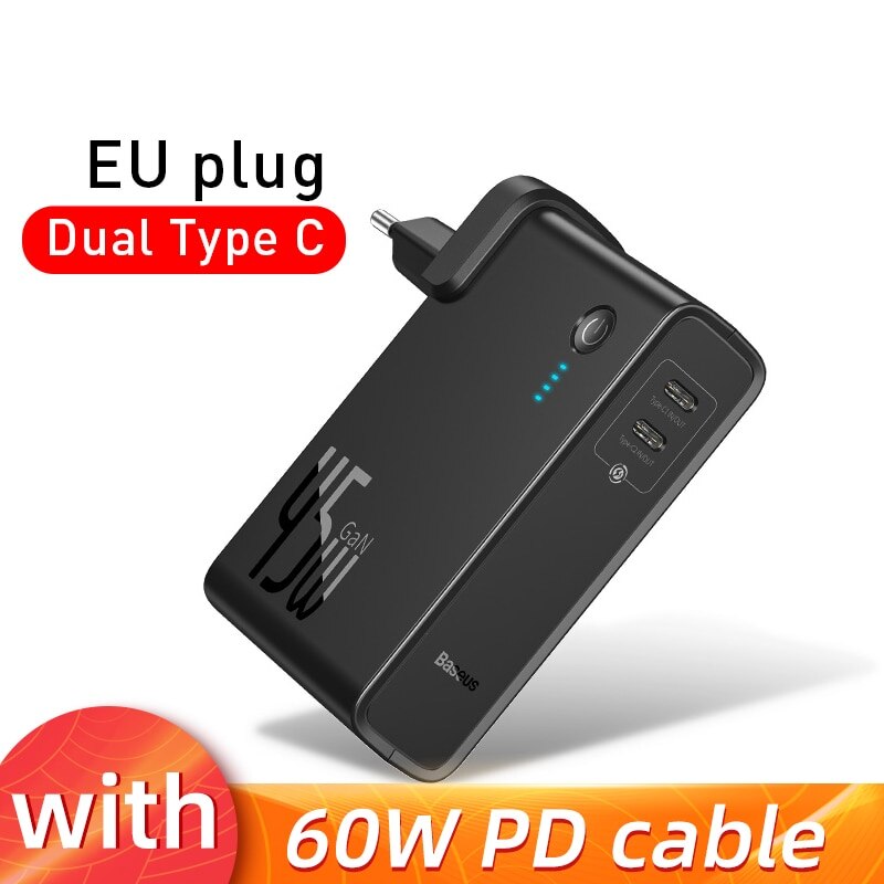 Baseus GaN Power Bank Charger 10000mAh 45W USB C PD Fast Charging 2 in 1 Charger & Battery in One For iP11 Pro Laptop ForXiaomi: EU Dual Type C Black
