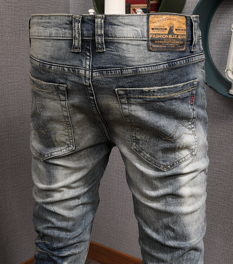 Streetwear de los hombres pantalones vaqueros amarillo Retro lavado vaqueros Slim hombres Vintage Denim pantalones Hip Hop pantalones vaqueros hombre