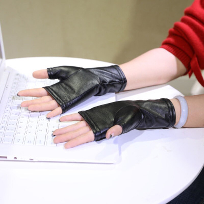 Female Short Thin Half Finger PU leather Non-slip Driving Gloves Sexy Lace Fingerless Punk Nightclub Show Gloves S89: Black
