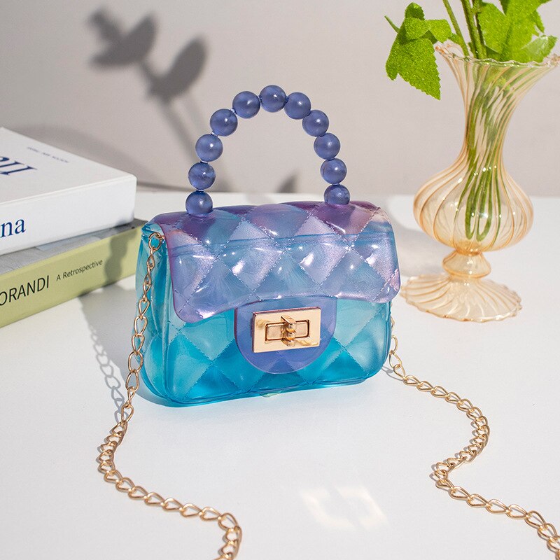 Mini sac à main en perles pour femmes, de petits sacs carrés en gelée, pochette à bandoulière de styliste avec chaînes de luxe: Bleu