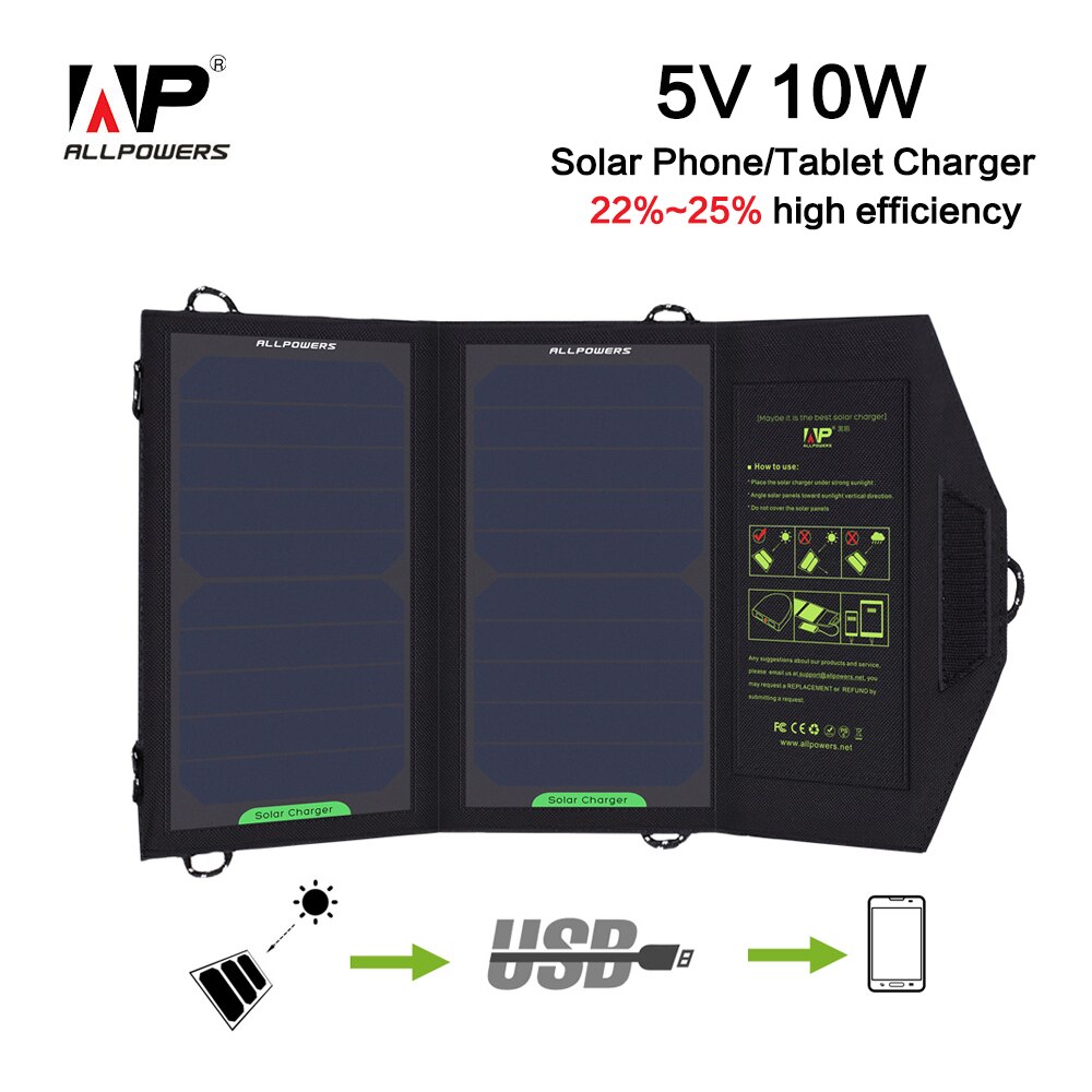 Allpowers aurinkopaneeliparistolaturi usb 5v 10w ulkotietokoneen virtapankki taitettava aurinkopaneeli xiaomi samsung iphone -puhelimelle