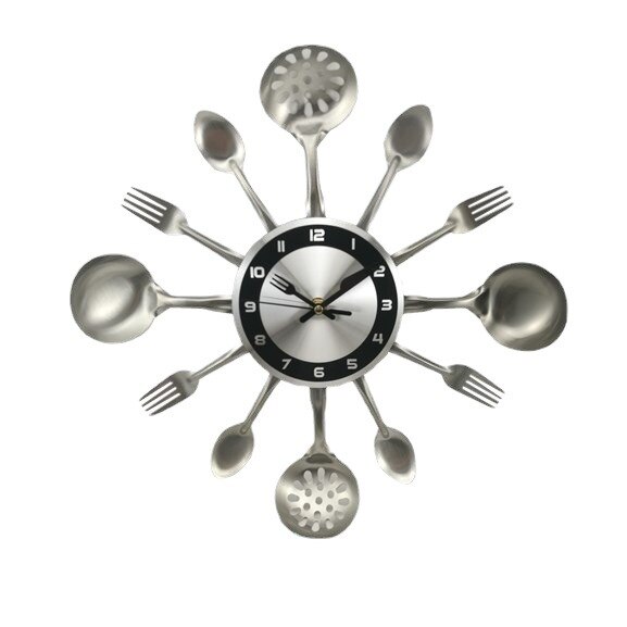 Cutlery Metal Kitchen Wall Clock Spoon Fork Quartz Wall Mounted Clocks Modern Decorative Horloge Murale: Silver2