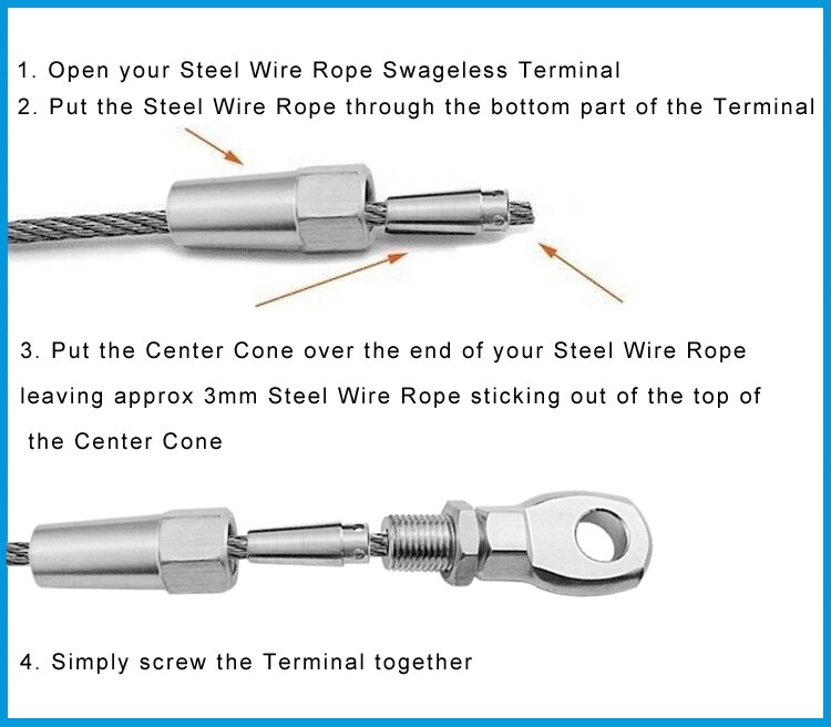 Marine Grade 316 Stainless Steel 4mm Swageless Eye Terminal Wire Cable Rope DIY Fitting Rigging Hardware Balustrade kit