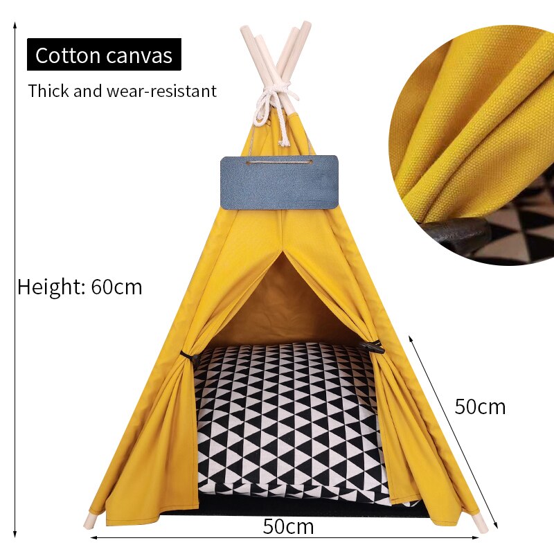 Casa tipi portátil para mascotas, tienda de campaña con cojín grueso y pizarra para interiores, casas modernas para cachorros y gatitos: canvas 01