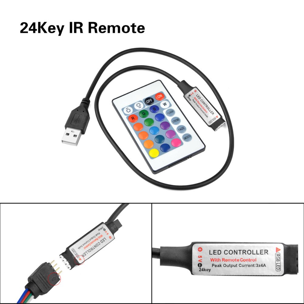 Controlador RGB USB de 5V CC Mini 3 Llaves regulador/Control Remoto IR de 24 teclas/Control remoto inalámbrico RF de 17 teclas para tira LED RGB USB