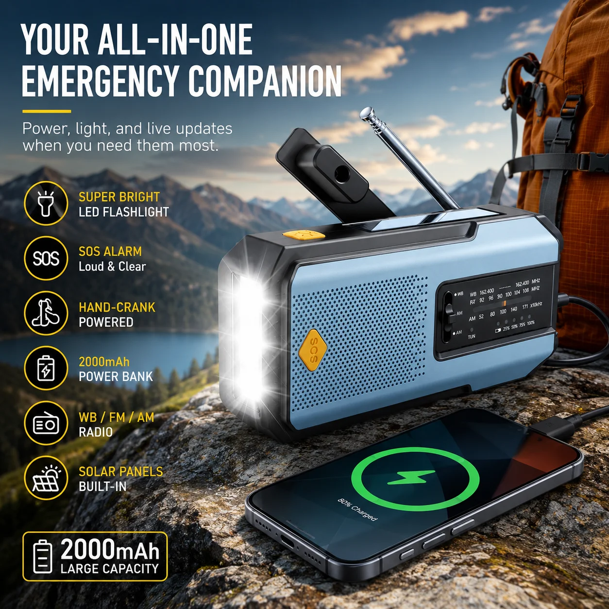 Radio pogodowe Awaryjne wielofunkcyjne radio FM AM WB Korba ręczna Solar USB Ładowanie 2000mAh Power Bank Latarka LED