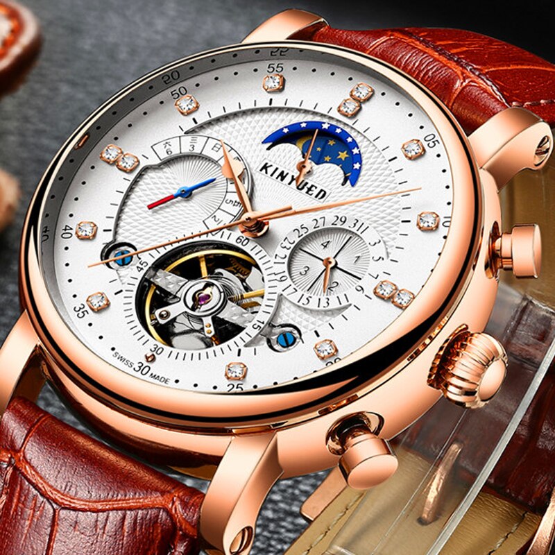 KINYUED-reloj mecánico totalmente automático para hombre, de , informal, totalmente funcional, Tourbillon, de negocios, luminoso, resistente al agua, J025