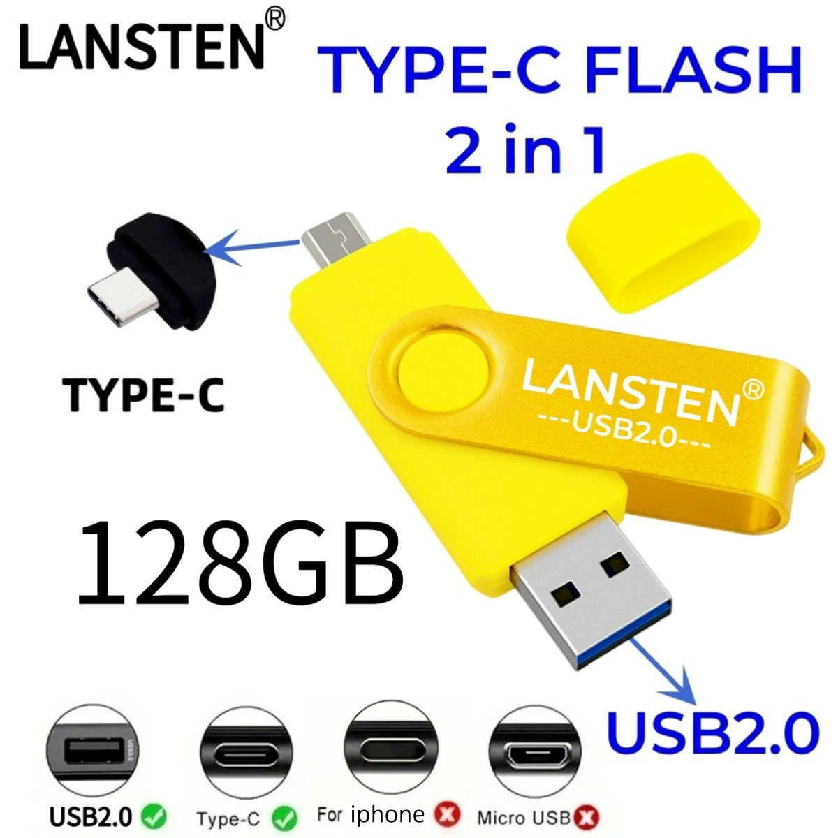 128GB USB C Flash Drive, 2 in 1 USB 2.0 Type C Thumb Drive Photo Memory Stick for Android Phones/Tablet/PC/Mac: Yellow