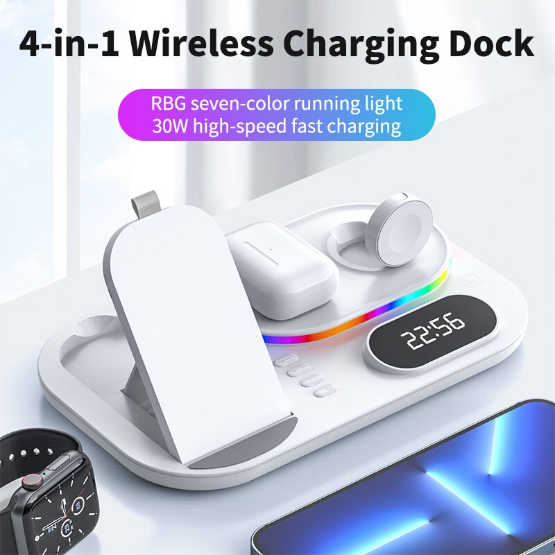 Cargador inalámbrico 4 en 1 de 30W para iPhone, estación de carga rápida para Apple Watch 7 6/Airpods Pro