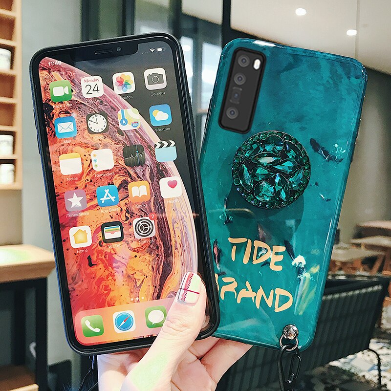 Para Huawei Y8P Y7P Y6P Y5P funda con anillo de diamantes de imitación verde suave funda de silicona Y8P Y7P Y6P Y5P cubierta trasera con bola de pelo