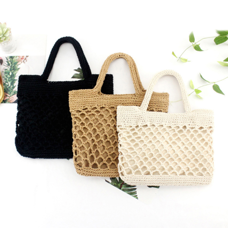 Handgefertigte quadratische tragetasche aus baumwollseil und stroh mit reißverschluss für damen, ideal für reisen und strand, gewebt, mit henkel, lässige strandtasche aus netzgewebe, hohl