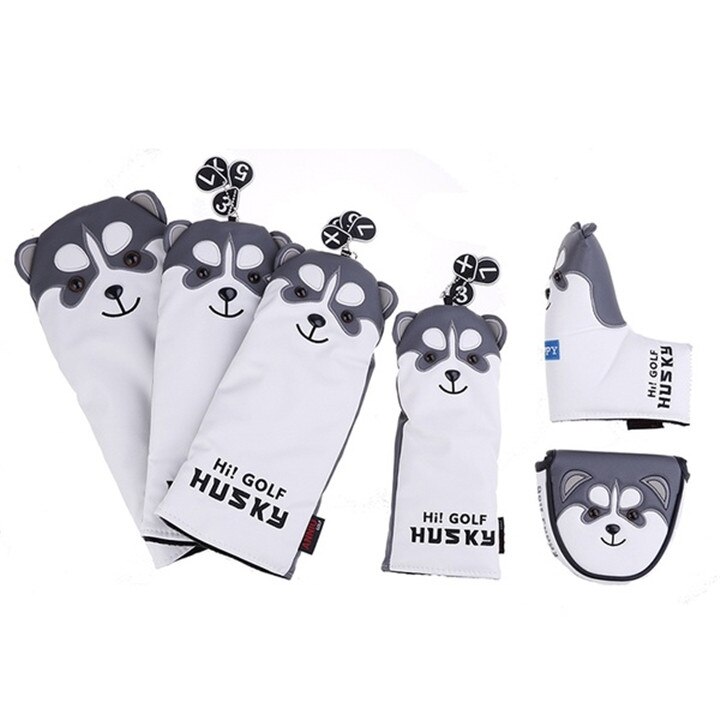 Cute Husky Golf Driver Head Cover Cartoon Animal Fairway Woods PU Leather Golf Putter Headcovers Dustproof Golf Club Covers Cool